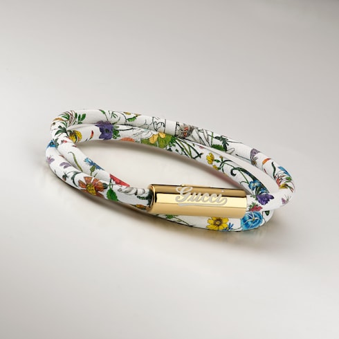 Leather double bracelet with Gucci script - white leather