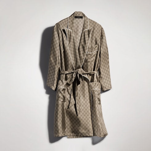 Printed silk twill shirt - beige and dark brown