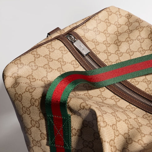 Medium duffle bag with Web - sand and brown GG canvas