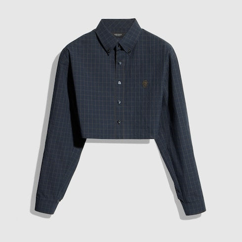 Cropped checked cotton poplin shirt - blue