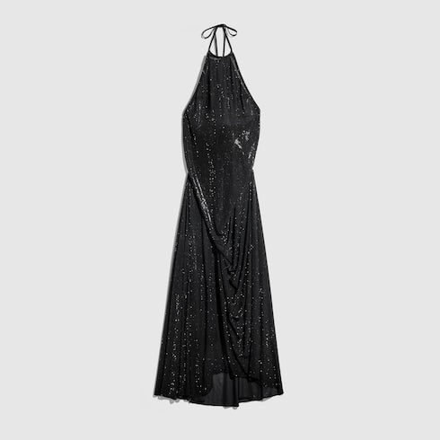 Embroidered silk stretch chiffon long dress - black