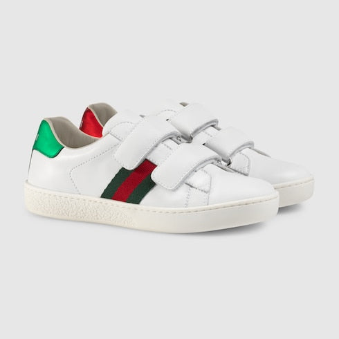 Children's Ace Sneaker White Leather Velcro With Green & Red Web