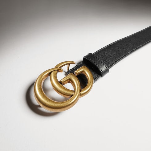 Men's Slim Black Leather Belt With Gold Double G Buckle