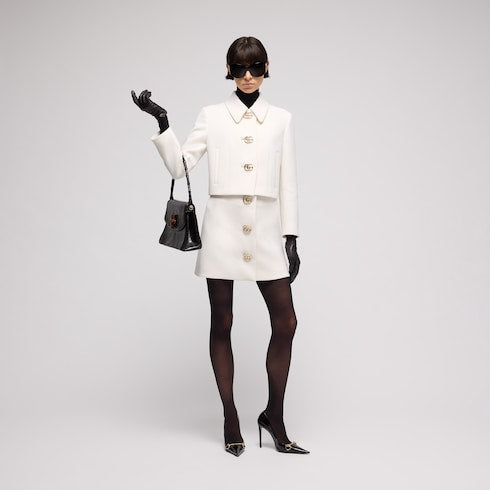 Crêpe wool skirt with Double G button - white