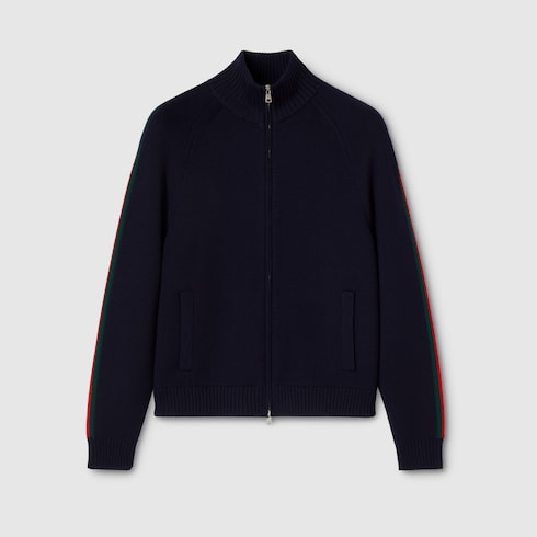 Woven stitch knit wool zip jacket - dark blue