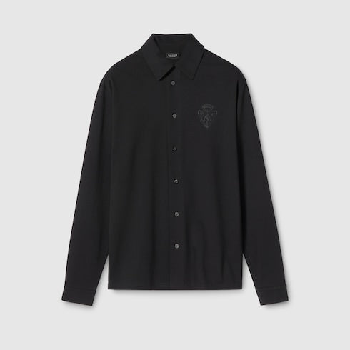 Cotton piquet shirt with embroidery - black