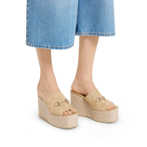 Women's platform espadrille with Horsebit - beige GG suede