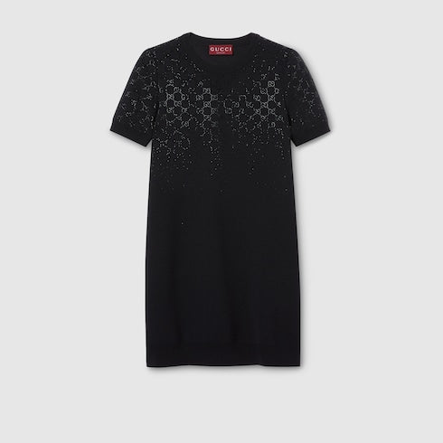 Fine wool dress with GG crystals - black