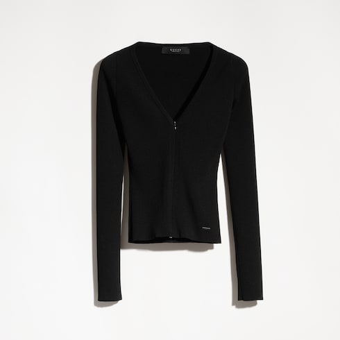 Rib viscose top zip cardigan - black