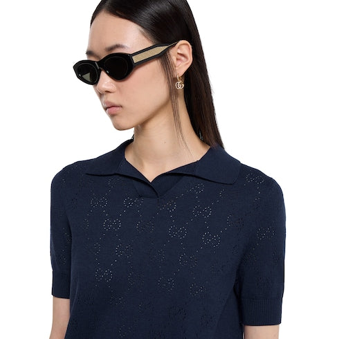 GG pointelle cotton silk polo shirt - blue