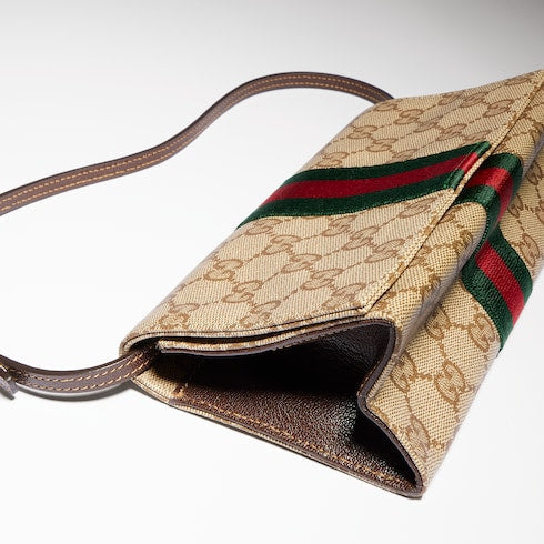 Small pouch with strap and Web - sand and brown GG canvas