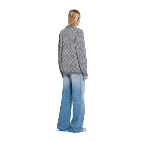 Reversible GG fine wool jacquard cardigan - light pink and grey
