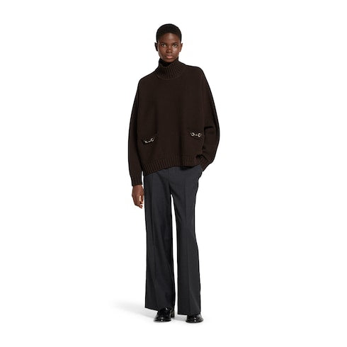 Wool cashmere sweater with Horsebit - dark brown