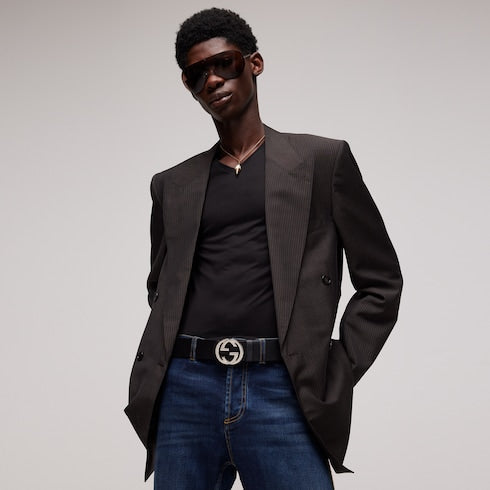 Reversible belt with Interlocking G buckle - black GG canvas and leather