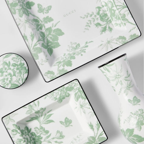 Herbarium print small trinket tray - white and green porcelain