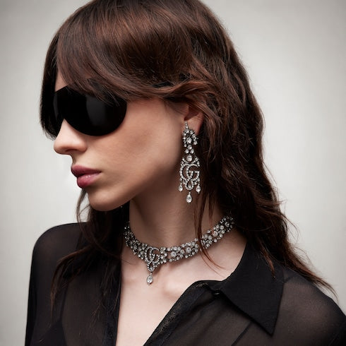 GG Marmont crystal chandelier earrings - palladium-toned brass