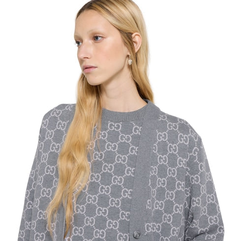 Reversible GG fine wool jacquard cardigan - light pink and grey