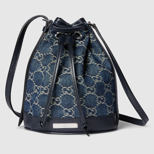 Mini bucket bag with Gucci plaque - dark blue GG denim