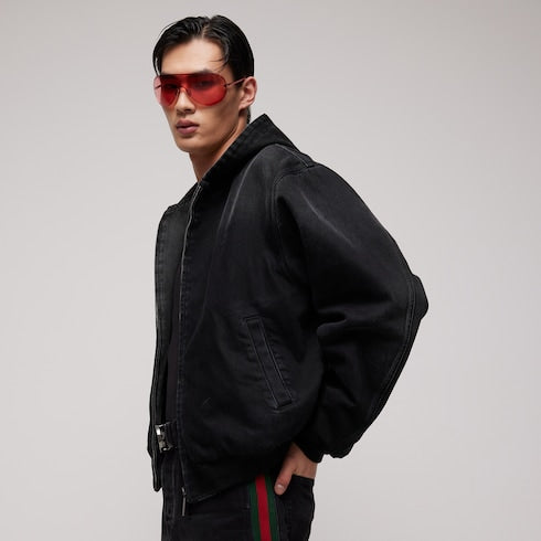 Reversible cotton denim zip jacket - black and dark grey