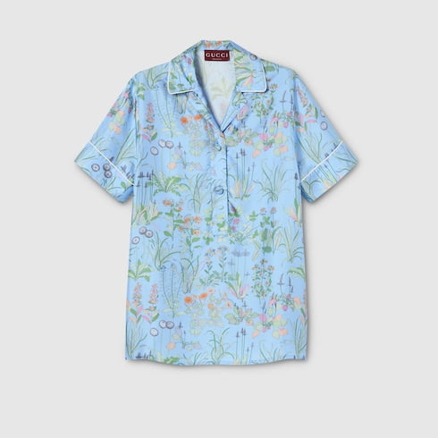 Printed silk twill shirt - light blue