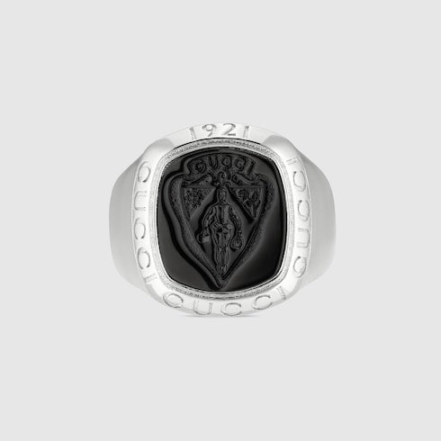 Gucci crest signet ring - palladium-toned brass