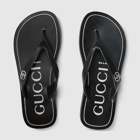 Women's thong sandal with Double G - black leather