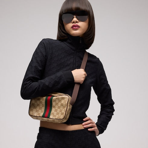 GG mini bag with Web - sand and brown GG canvas