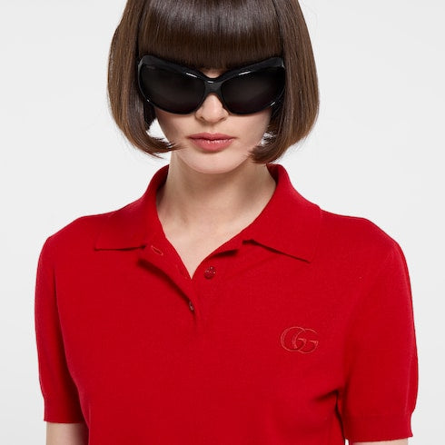Knit wool polo shirt with embroidery - red
