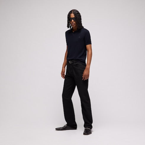 Knit cashmere polo shirt with embroidery - blue navy