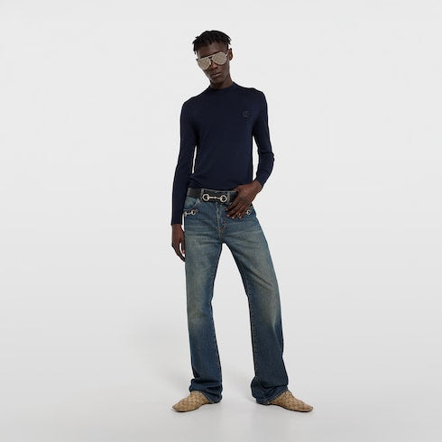 Knit wool sweater with embroidery - dark blue