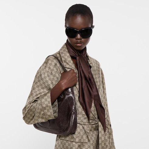 Interlocking G chain silk diamond scarf - brown