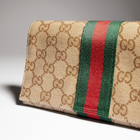 Small pouch with strap and Web - sand and brown GG canvas