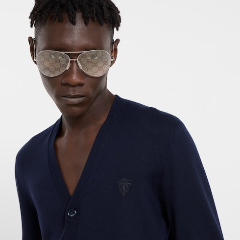 Knit wool cardigan with embroidery - dark blue