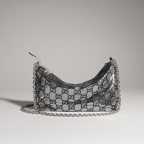 Metallic evening bag with charm - silver and black GG mesh