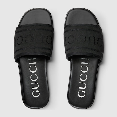 Men's slide sandal with tonal logo - black jacquard fabric
