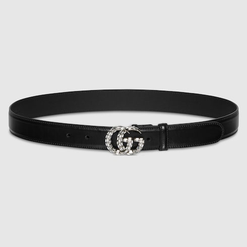 GG Marmont thin belt with crystals - black leather
