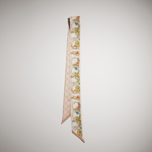 Printed silk twill ribbon - ivory and multicolor