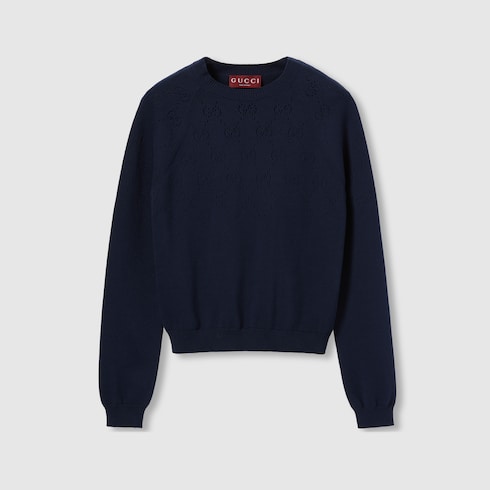 Cotton crewneck top with GG argyle - navy