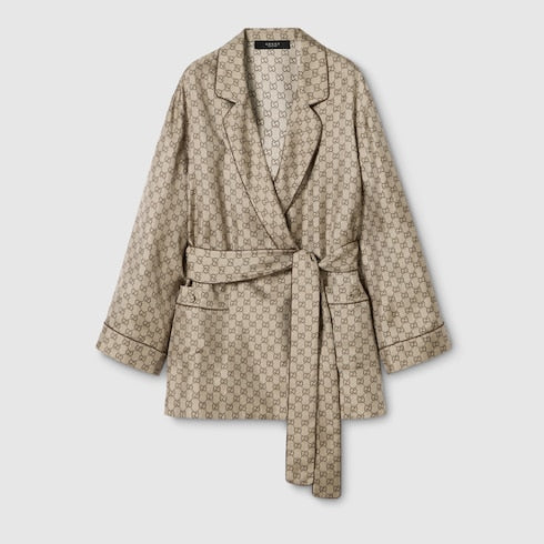 Printed silk twill shirt - beige and dark brown