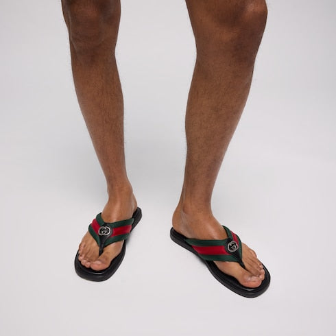 Men's thong sandal with Interlocking G - green and red nylon