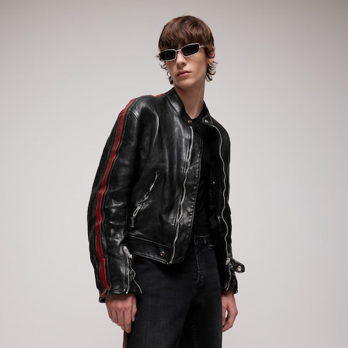 Buffalo leather biker jacket with Web - black