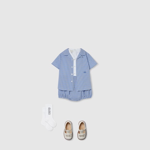 Baby gingham cotton one-piece - light blue and white