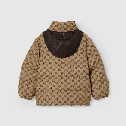 Children's GG canvas padded jacket - camel and dark brown