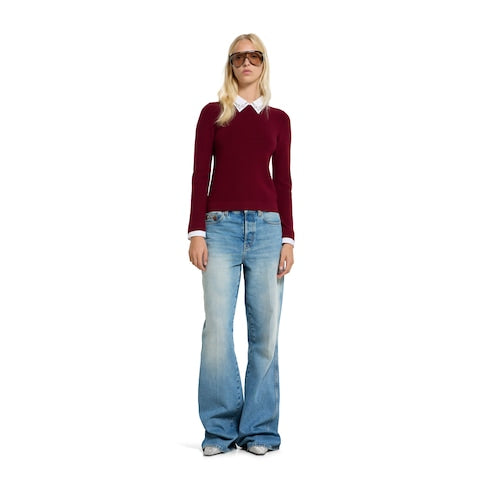 Flared bleached cotton denim pants - light blue