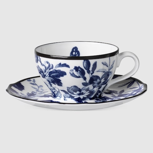 Herbarium teacup and saucer, set of two - blue and white porcelain