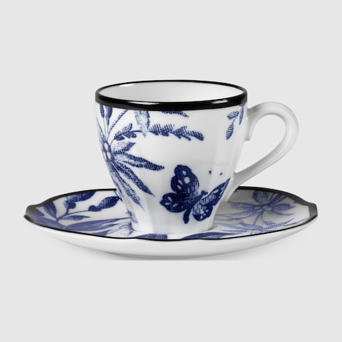 Herbarium coffee cup and saucer, set of two - blue and white porcelain