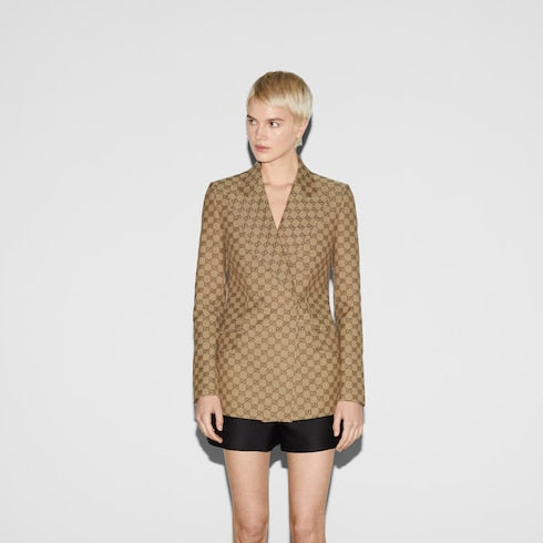 Double-breasted GG canvas jacket - camel and ebony