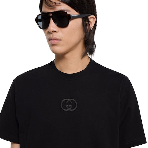 Cotton jersey T-shirt with embroidery - black