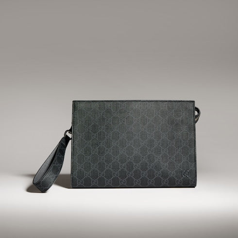 Grey trim medium pouch - black GG Supreme canvas