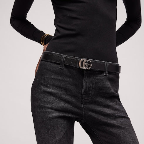 Reversible thin belt with Double G buckle - green, red and black leather